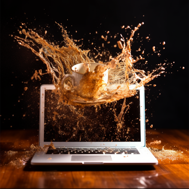 coffee spilling on laptop